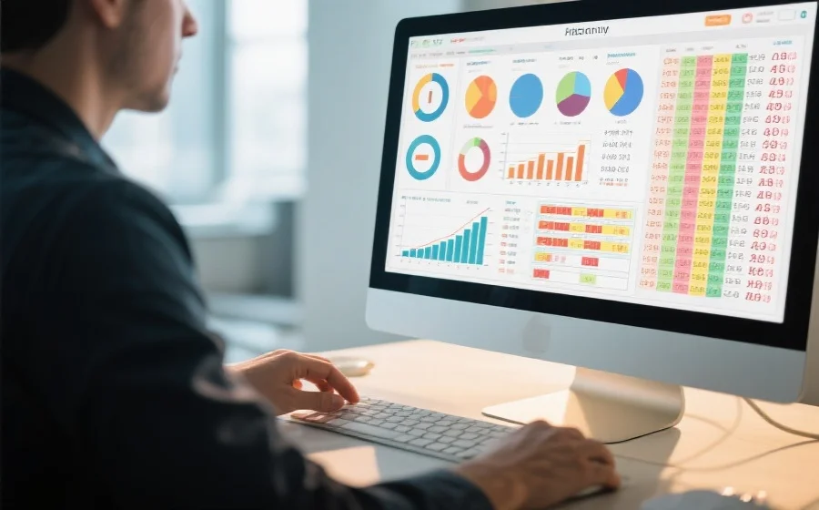 用户正在使用电脑分析历史彩票数据，屏幕上显示各种图表和数字，光线明亮，氛围专注