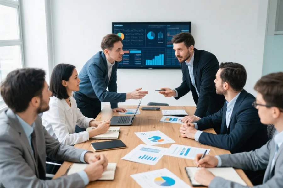 会议室内多位数据分析师正在讨论，桌上摆放着笔记本、图表和数据报告，气氛积极协作